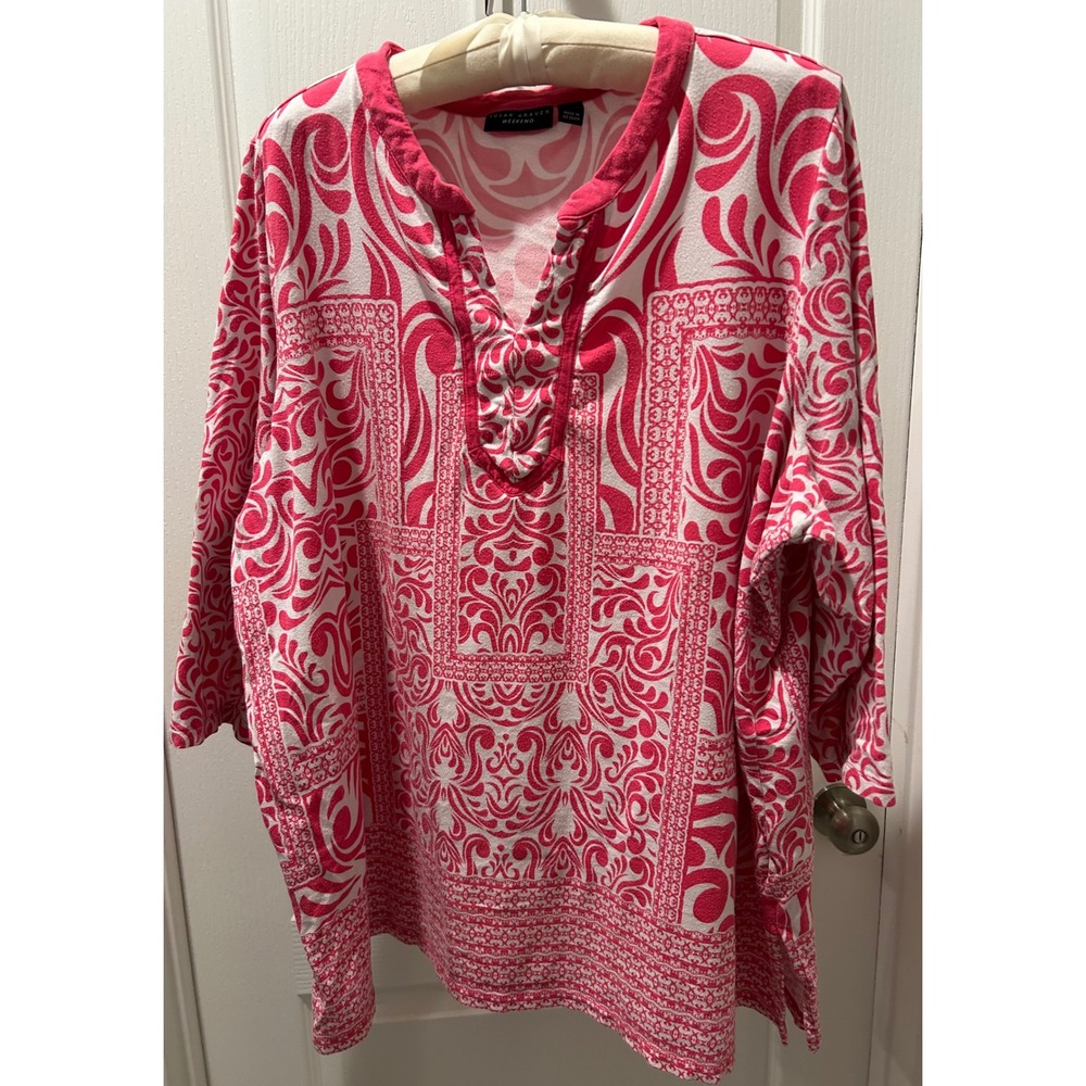 Susan Graver Weekend 3XL Tunic Top Pink White Patterned 3/4 Sleeve
